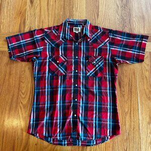 Vintage ELY Cattleman Red Plaid Short Sleeve Western Pearl Snap Shirt Medium